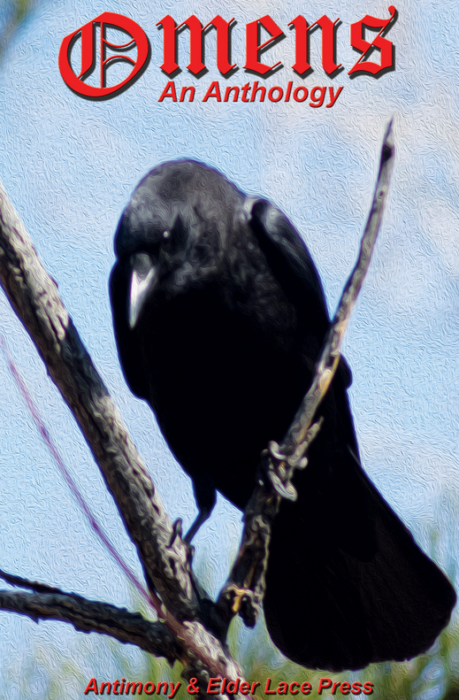 cover of omens: an anthology, featuring an out of focus black crow sitting in the dead branches of a tree.