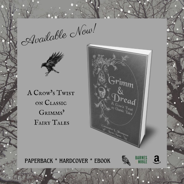 grey promotional image showing the cover of grimm and dread, a book with a gothic floral skull motif on the cover
